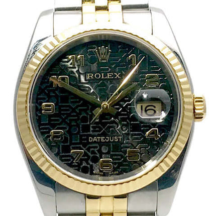 Rolex Datejust 36 Uhr aus Edelstahl und 18kt Gelbgold mit schwarzem Zifferblatt.