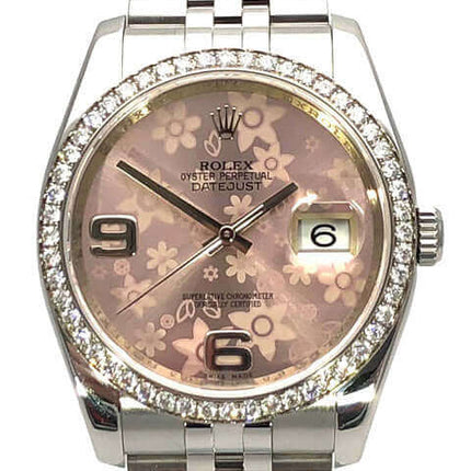 Rolex Datejust 36mm Edelstahl Weißgold mit Diamant Lünette und rosa Zifferblatt mit Blumenmuster