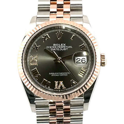 Rolex Datejust 36 Oystersteel Everose-Gold 126231 Herrenuhr mit zweifarbiger Metallarmband und Datumsanzeige.