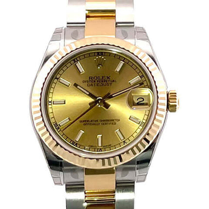 Rolex Datejust 31 Stahl Gelbgold Uhr Ref. 178273 mit goldfarbenem Zifferblatt und zweifarbigem Armband ansehen