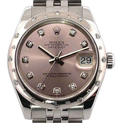 Rolex Datejust 31 Edelstahl Weißgold Diamant Lünette Uhr mit rosa Zifferblatt und Datum.