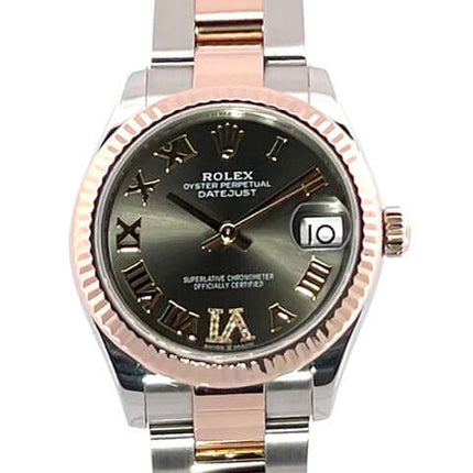 Rolex Datejust 31 Oystersteel Everose-Gold Damenuhr mit römischen Ziffern und schwarzem Zifferblatt, Modell 278241.