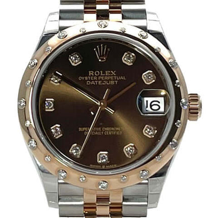 Rolex Datejust 31 Oystersteel Everose-Gold Diamant Damenuhr mit braunem Zifferblatt und Diamantindizes.