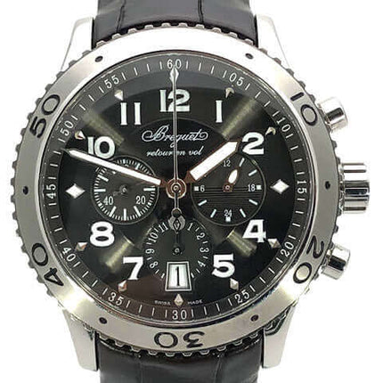 Breguet Type XX Uhr mit schwarzem Zifferblatt und schwarzem Lederarmband