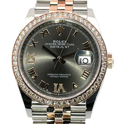 Rolex Datejust 36 Oystersteel Everose-Gold Diamant Uhr mit schwarzem Zifferblatt und römischen Ziffern 126281RBR