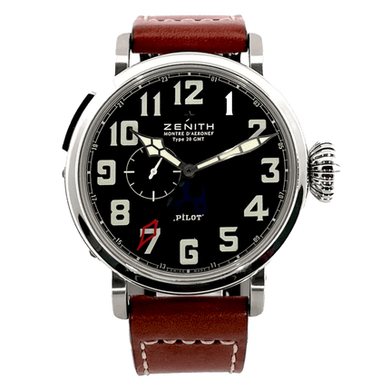 Zenith Pilot Armbanduhr mit braunem Lederarmband und schwarzem Zifferblatt mit arabischen Ziffern