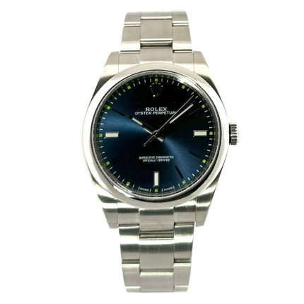 Rolex Oyster Perpetual 39 Ref. 114300 Blau mit Edelstahlgehäuse und Armband, blaues Zifferblatt, Saphirglas, Wasserdicht bis 10 bar, 2017.