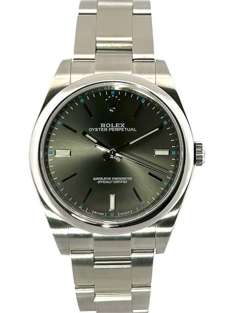 Rolex Oyster Perpetual 39 mm Ref. 114300, Edelstahl, graues Zifferblatt, Oyster Armband, Saphirglas, Gebrauchte Uhr aus 2017 mit Box und Papieren