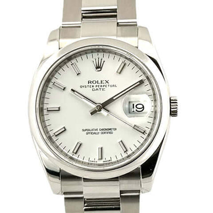 Rolex Oyster Perpetual Date 34 Ref. 115200 in Edelstahl mit weißem Zifferblatt, polierter Lünette und Oyster Edelstahlband, Jahr 2014, deutscher Verkauf