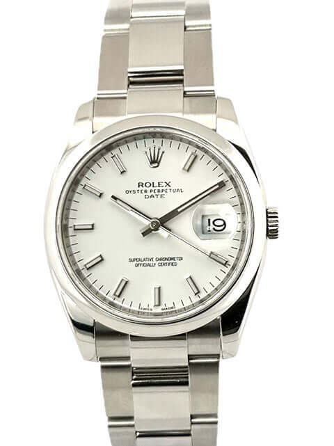 Rolex Oyster Perpetual Date 34 Ref. 115200 in Edelstahl mit weißem Zifferblatt, polierter Lünette und Oyster Edelstahlband, Jahr 2014, deutscher Verkauf