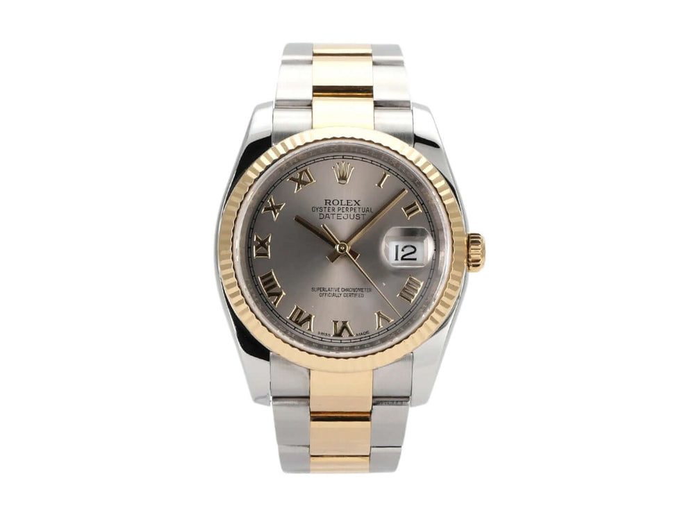 Rolex Datejust 36 Edelstahl Gelbgold 116233 mit Stahlfarbenem Zifferblatt und römischen Ziffern.