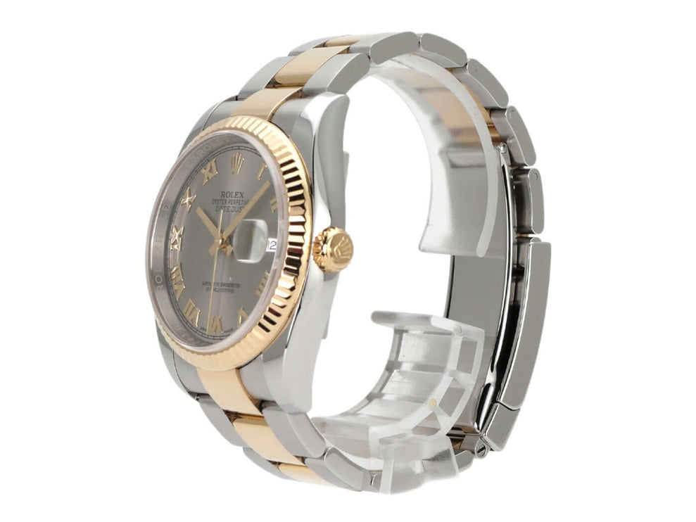 Rolex Datejust 36 Edelstahl Gelbgold 116233 mit römischen Ziffern und elegantem Oysterband.