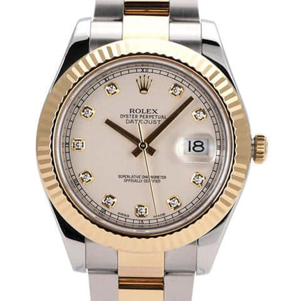 Rolex Datejust II 41 mm Uhr mit Ivory Zifferblatt und 10 Diamanten, Edelstahl und 18 kt Gelbgold Armband.