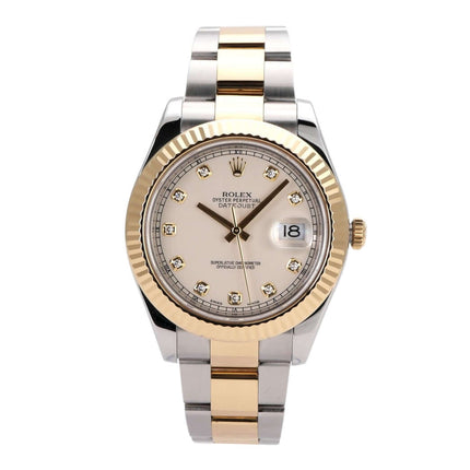 Rolex Datejust II 41 mm Modell 116333 mit ivory Zifferblatt und 10 Diamanten, Edelstahl und Gelbgold Armband.