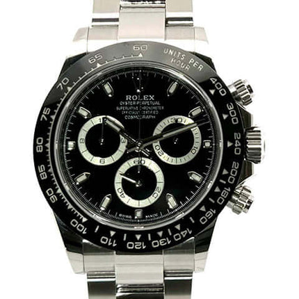 Rolex Daytona Edelstahl 116500LN Schwarz, poliertes und satiniertes Edelstahlgehäuse, Keramiklünette, schwarzes Zifferblatt, Oyster-Armband.