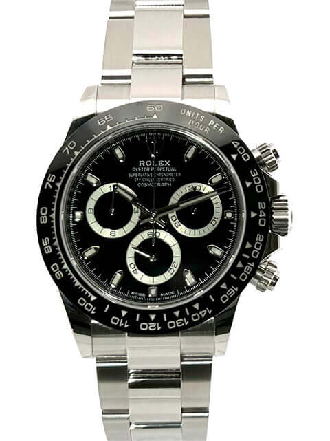 Rolex Daytona Edelstahl 116500LN Schwarz, poliertes und satiniertes Edelstahlgehäuse, Keramiklünette, schwarzes Zifferblatt, Oyster-Armband.