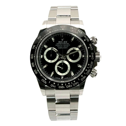 Rolex Daytona Edelstahl 116500LN Schwarz aus 2019 mit Keramik Lünette, schwarzem Zifferblatt und Oyster Edelstahl Armband.