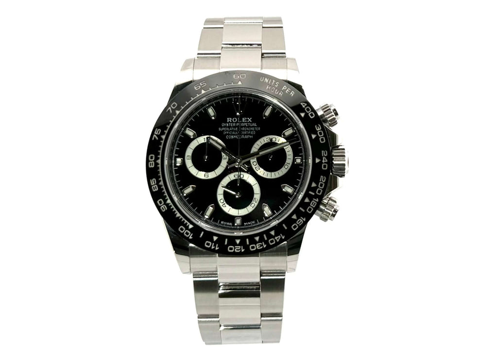 Rolex Daytona Edelstahl 116500LN Schwarz aus 2019 mit Keramik Lünette, schwarzem Zifferblatt und Oyster Edelstahl Armband.