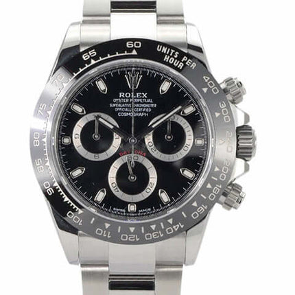 Rolex Daytona Edelstahl 116500LN mit schwarzem Zifferblatt, Keramik-Lünette und Edelstahlarmband, Modell von 2021.