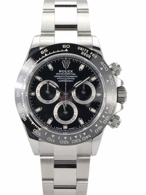 Rolex Daytona Edelstahl 116500LN mit schwarzem Zifferblatt, Keramik-Lünette und Edelstahlarmband, Modell von 2021.