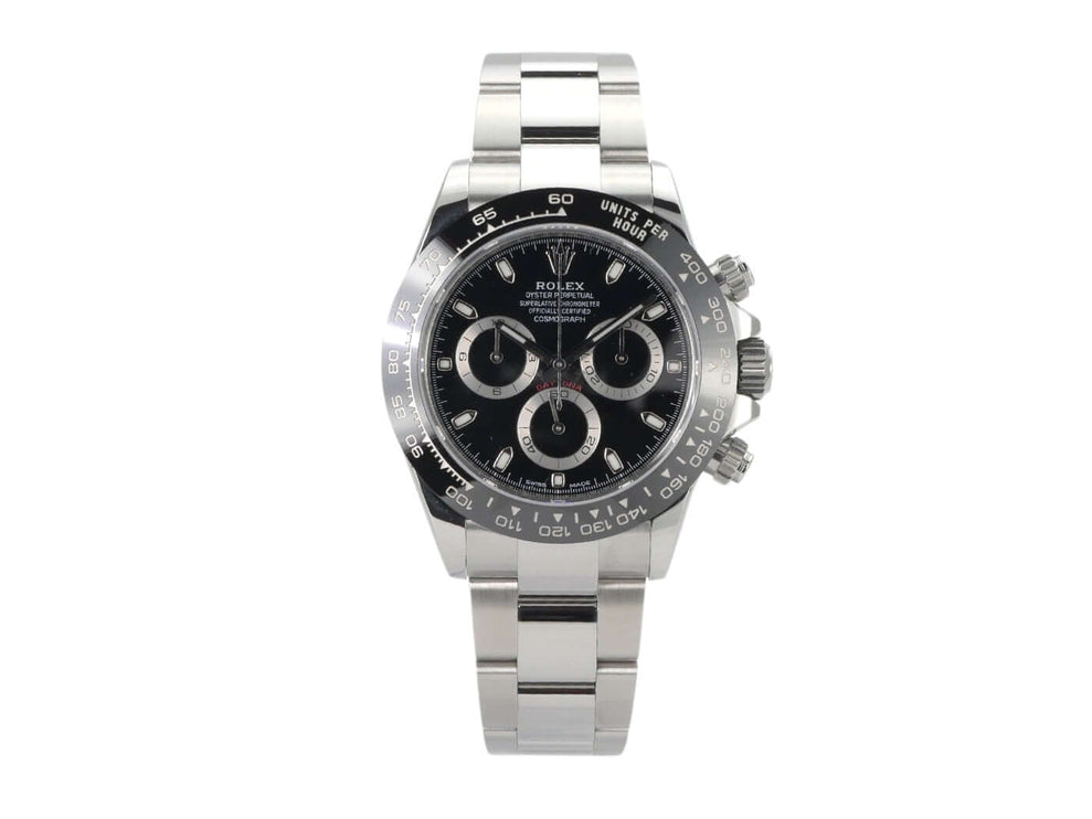 Rolex Daytona Edelstahl 116500LN Schwarz mit schwarzem Zifferblatt und Keramik-Lünette, 2021 Edelstahlgehäuse und Armband.