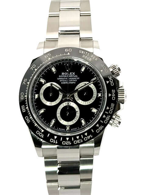 Rolex Daytona Edelstahl Ref. 116500LN, schwarzes Zifferblatt, Keramik Lünette, Oyster Edelstahl Armband. Hochwertige Luxus-Uhr von 2022.