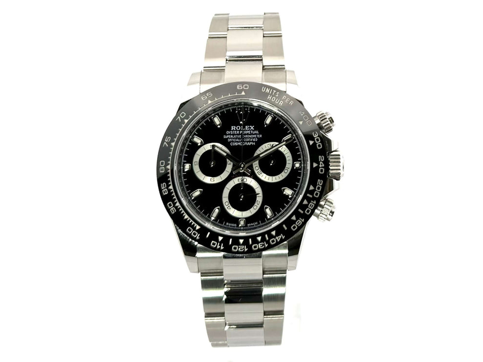 Rolex Daytona Edelstahl 116500LN mit schwarzem Zifferblatt, poliertem Edelstahlgehäuse, Keramik-Lünette und Oyster-Armband.