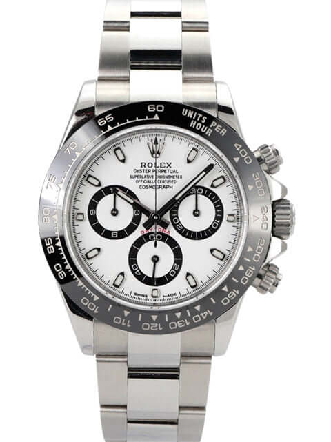 Rolex Daytona Edelstahl 116500LN mit weißem Zifferblatt und Keramik-Lünette, chronographische Funktionen, schickes Design.