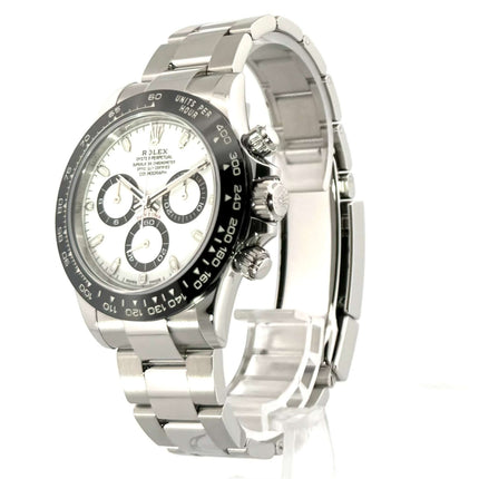 Rolex Daytona Edelstahl 116500LN Weiß, poliertes Edelstahlgehäuse, Keramiklünette, weißes Zifferblatt, Leuchtzeiger, Saphirglas.