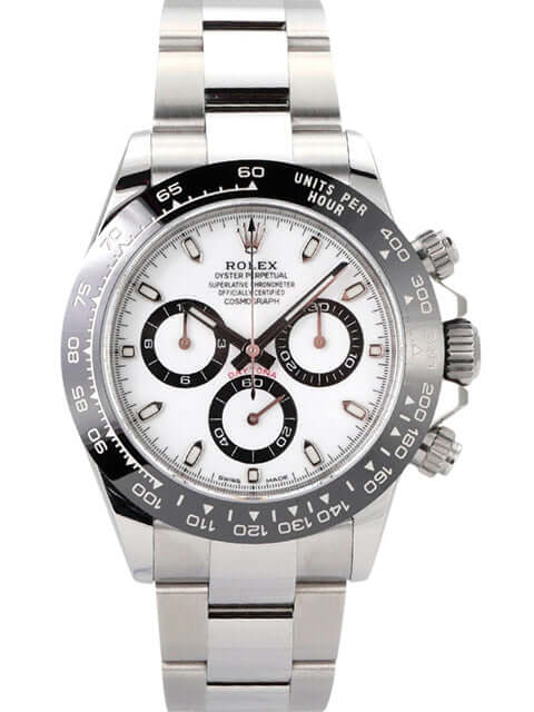 Rolex Daytona Edelstahl 116500LN mit weißem Zifferblatt und schwarzer Lünette, poliertem Armband.