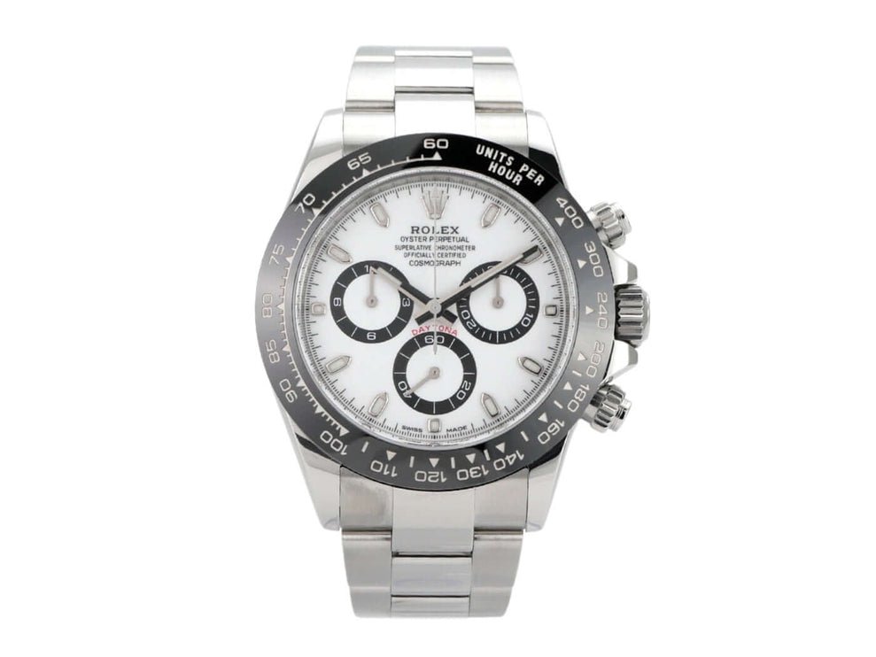 Rolex Daytona 116500LN Edelstahl mit weißem Zifferblatt und Keramiklünette, chronographische Funktionen.