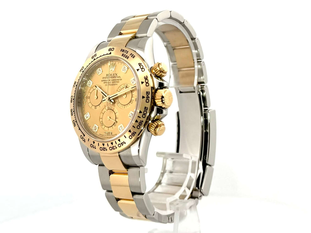 Rolex Daytona Edelstahl Gelbgold 116503 Champagner Diamant Zifferblatt, 18 kt Gelbgold Lünette und Armband, poliert und satiniert.