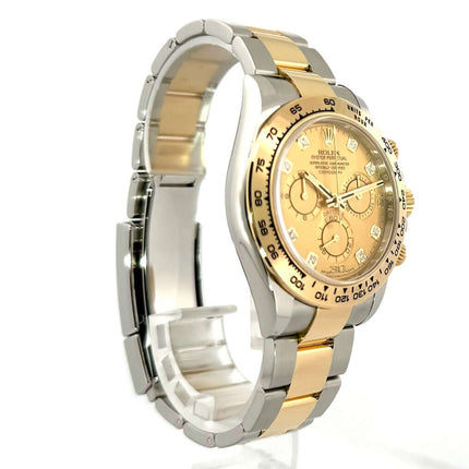 Rolex Daytona Edelstahl-Gelbgold Ref. 116503, 18 kt Lünette, Champagnerfarbenes Diamantzifferblatt, Oyster Armband, Automatik, 40 mm Gehäuse.