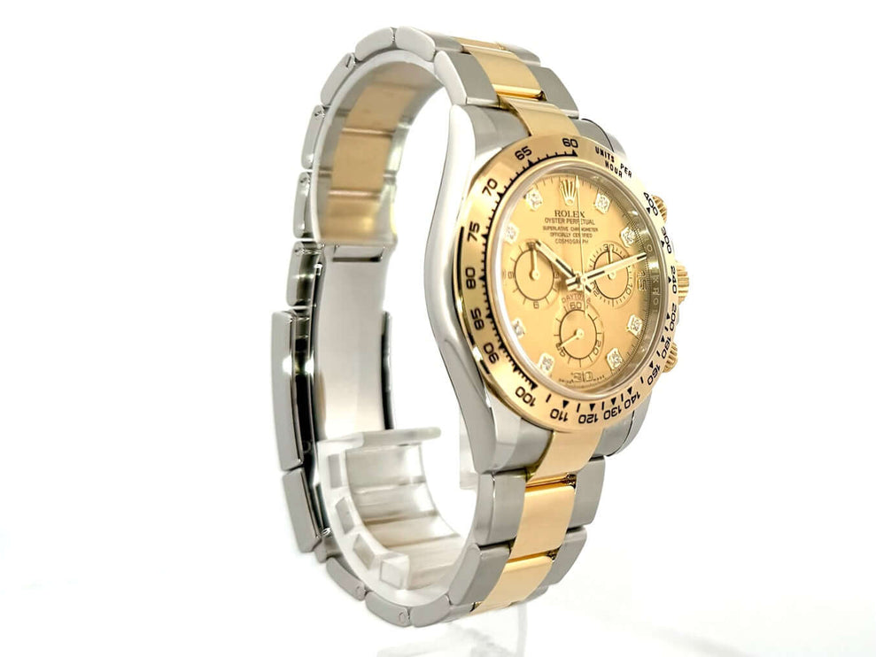 Rolex Daytona Edelstahl-Gelbgold Ref. 116503, 18 kt Lünette, Champagnerfarbenes Diamantzifferblatt, Oyster Armband, Automatik, 40 mm Gehäuse.