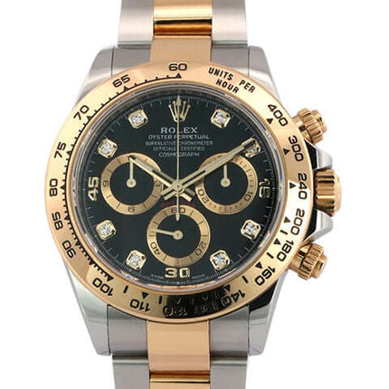 Rolex Daytona Edelstahl Gelbgold Ref. 116503 mit schwarzem Diamantzifferblatt, Tachymeterskala und poliertem Oyster Armband