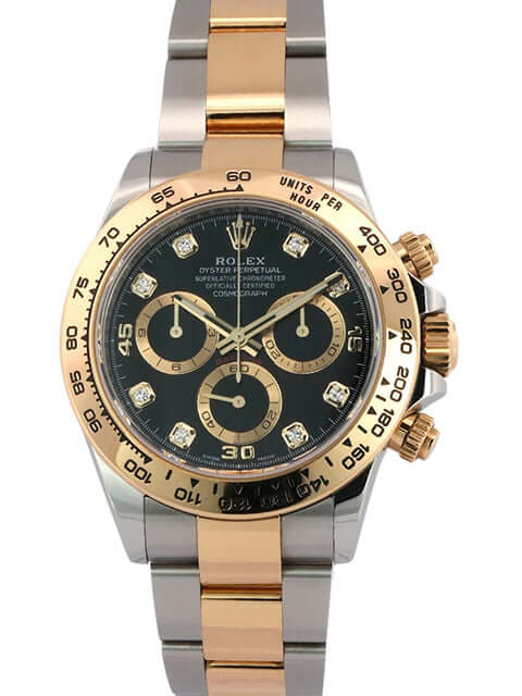 Rolex Daytona Edelstahl Gelbgold Ref. 116503 mit schwarzem Diamantzifferblatt, Tachymeterskala und poliertem Oyster Armband