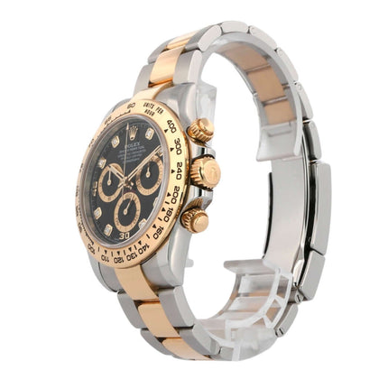 Rolex Daytona 116503 Edelstahl Gelbgold, schwarzes Diamantzifferblatt, 2022 Modell, poliertes und satiniertes 40 mm Gehäuse, Oyster Armband