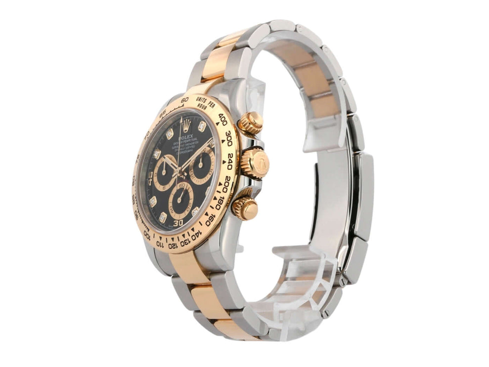 Rolex Daytona 116503 Edelstahl Gelbgold, schwarzes Diamantzifferblatt, 2022 Modell, poliertes und satiniertes 40 mm Gehäuse, Oyster Armband