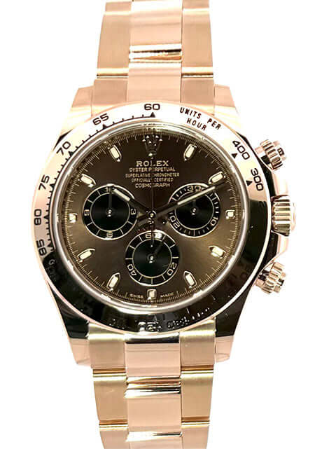 Rolex Cosmograph Daytona 116505 Everose-Gold Choco aus 2021 mit schokoladenfarbenem Zifferblatt und Oyster-Armband aus 18 kt Everose-Gold.