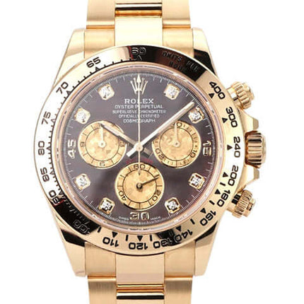 Rolex Cosmograph Daytona 116508 in 18 kt Gelbgold mit dunklem Perlmutt und Diamantzifferblatt.