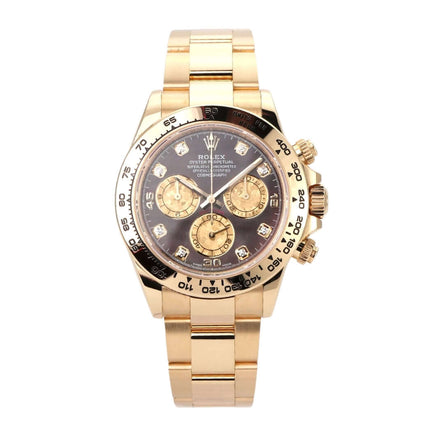 Rolex Cosmograph Daytona 116508 aus 18 kt Gelbgold mit dunklem Perlmutt-Diamant Zifferblatt und Chronographenfunktionen.