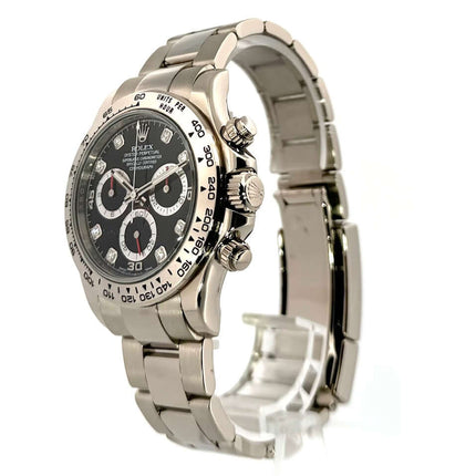 Rolex Cosmograph Daytona 116509 Weißgold mit schwarzem Zifferblatt und Diamanten, 40mm Gehäuse, Oyster Armband aus 18 kt Weißgold