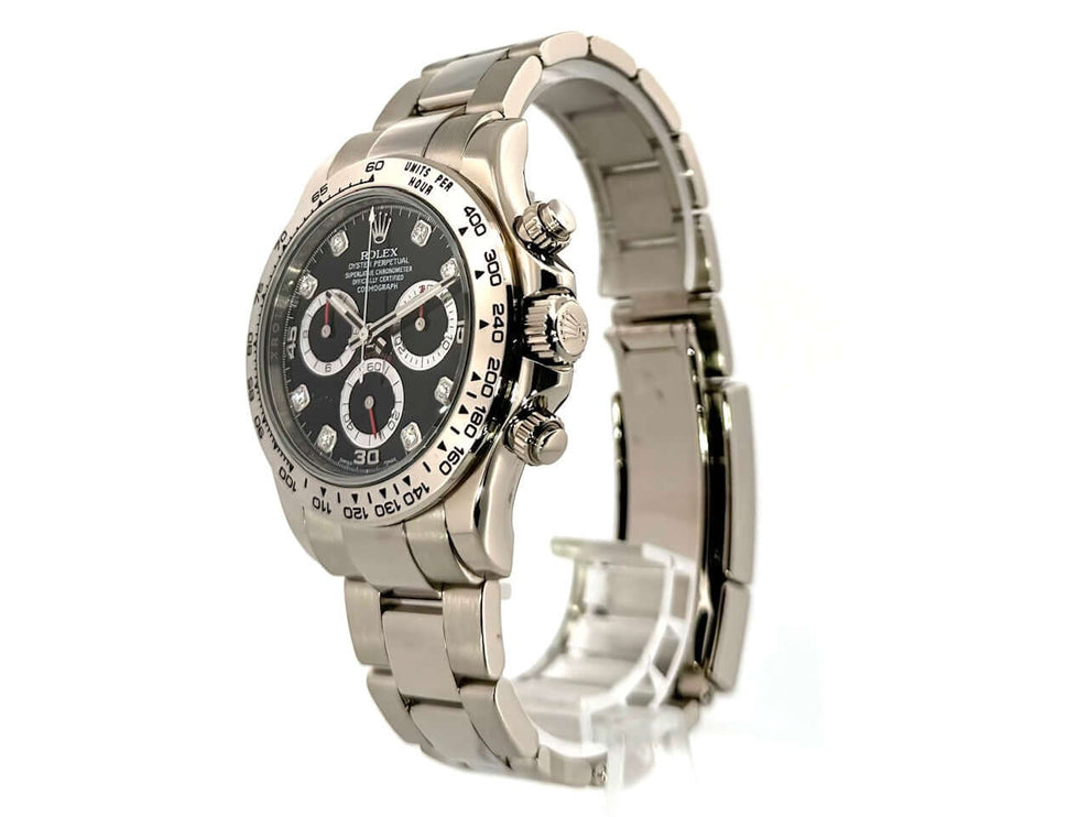 Rolex Cosmograph Daytona 116509 Weißgold mit schwarzem Zifferblatt und Diamanten, 40mm Gehäuse, Oyster Armband aus 18 kt Weißgold