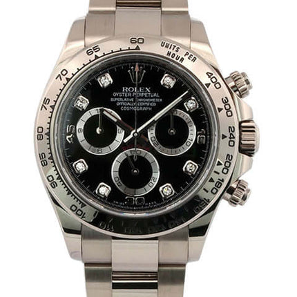 Rolex Cosmograph Daytona 116509 in 18 kt Weißgold mit schwarzem Zifferblatt und Diamanten, Oyster Armband, gravierte Tachymeterskala