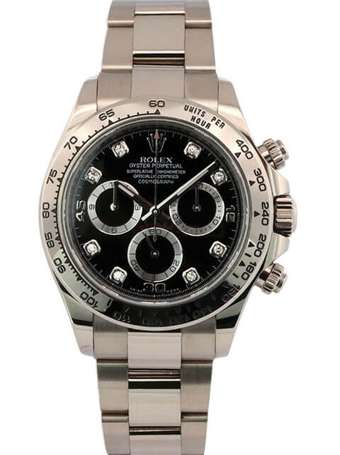 Rolex Cosmograph Daytona 116509 in 18 kt Weißgold mit schwarzem Zifferblatt und Diamanten, Oyster Armband, gravierte Tachymeterskala