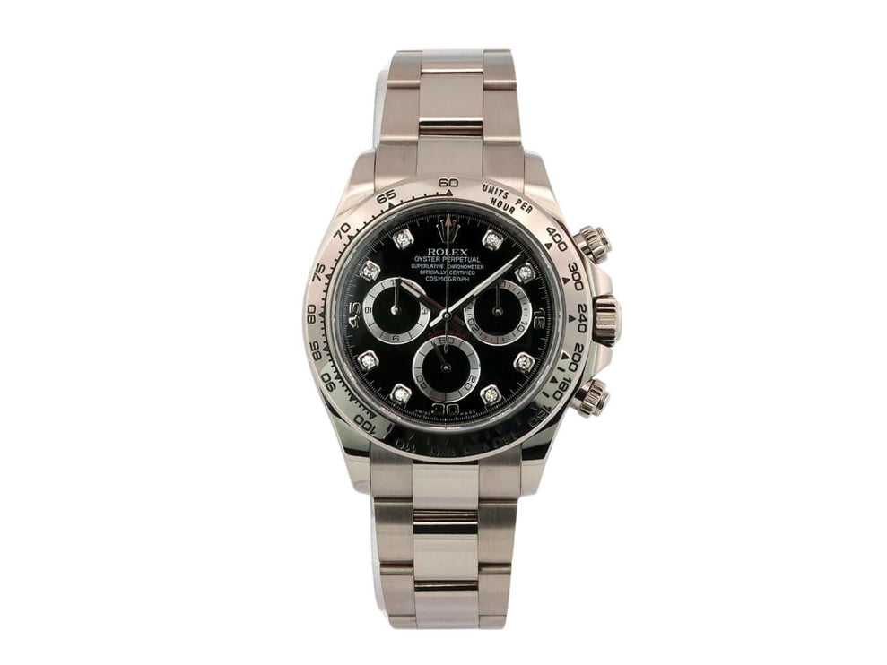 Rolex Cosmograph Daytona 116509 Weißgold Schwarz Diamant, 18 kt Weißgold, schwarzes Zifferblatt mit Diamanten, Oyster Armband.