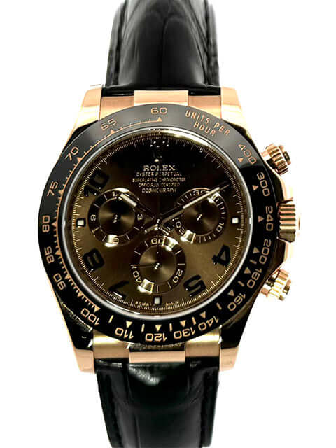 Rolex Daytona 116515LN Everose-Gold / Leder Zifferblatt Choco mit braunem Zifferblatt, schwarzem Lederarmband und Keramik Lünette.