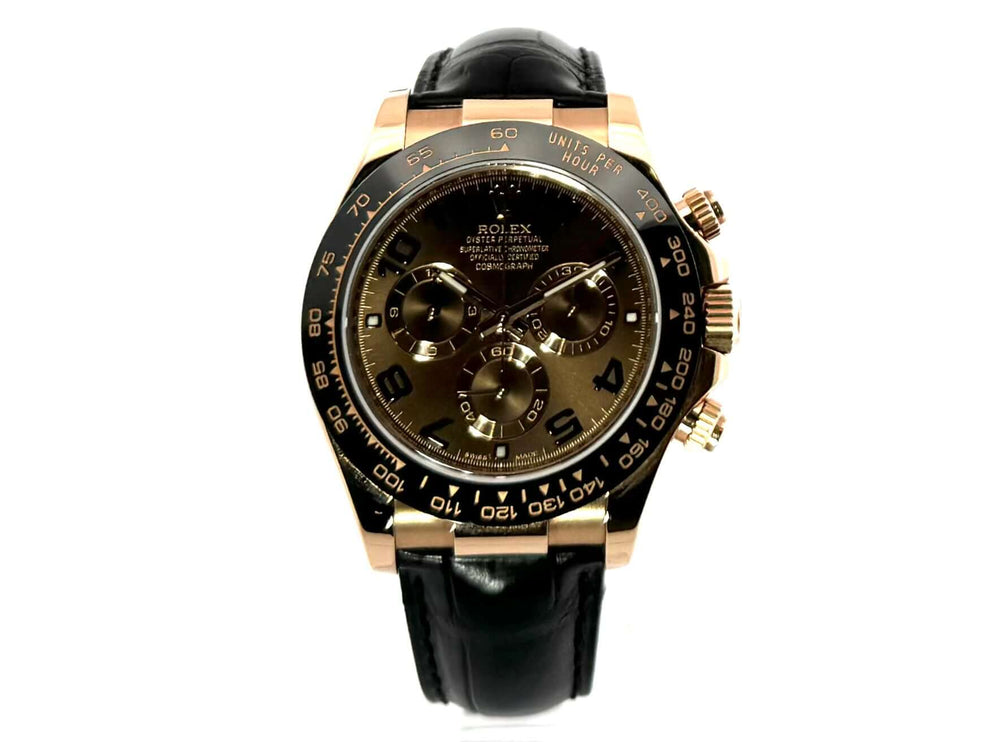 Rolex Daytona 116515LN Everose-Gold Armbanduhr mit schwarzem Lederband und braunem Zifferblatt.