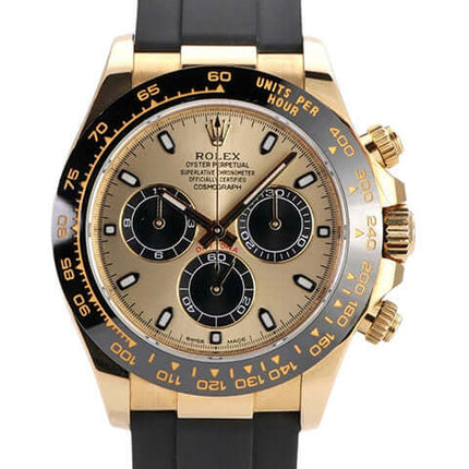 Rolex Daytona 116518LN Gelbgold mit champagnerfarbenem Zifferblatt und schwarzem Oysterflex-Band, 2018 Modell.