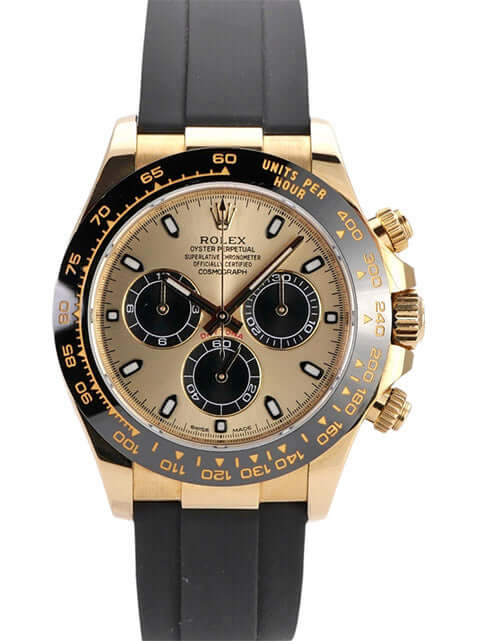 Rolex Daytona 116518LN Gelbgold mit champagnerfarbenem Zifferblatt und schwarzem Oysterflex-Band, 2018 Modell.